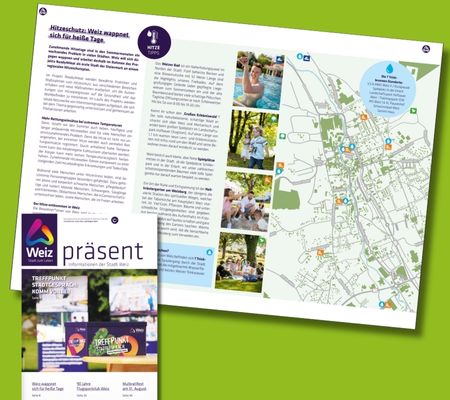 Screenshot einer Doppelseite des Amtsblatt der Stadtgemeinde Weiz mit einer Stadtkarte auf der Trinkbrunnen vermerkt sind