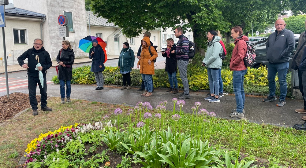 Eine Gruppe steht bei Regen in einem Park mit grüner Bepflanzung.