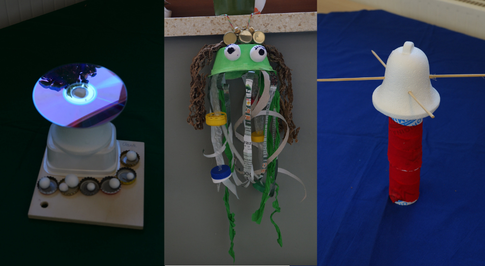 Gebastelten Objekte aus Müll des Medienprojekts